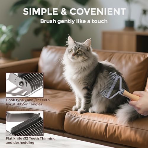3-in-1 Professional Pet Shedding Dematting Comb - Deshedding Undercoat Rake for Dogs with Stainless Steel Blades Metal Pet Brush with Wood Handle Matted Hair Detangling Thinning and Shedding (Upgraded 3-in-1 Comb)