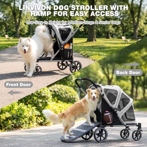 Dog Stroller for Medium Dogs 88lbs with Ramp for Easy Access Foldable (Black&Gray)