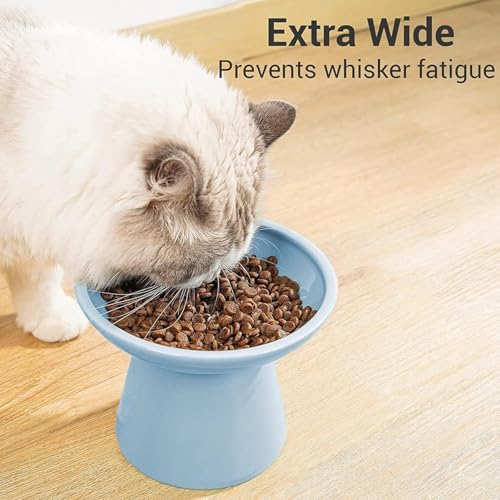2 Pack Extra Wide Elevated Ceramic 6.2" Shallow Cat Food Bowls (Baby Blue-2 Food Bowl)