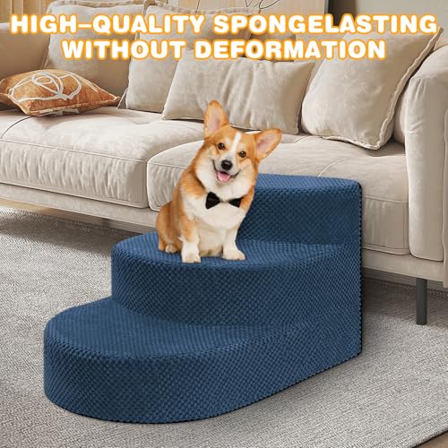 Dog Stairs 3 Steps Foam Pet Ramp for Small Dogs Cats (Navy blue-3-Step)