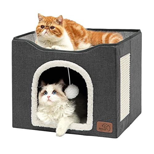 Cat House Bed for Indoor Cats with Fluffy Ball and Scratch Pad (Dark Grey / Single)