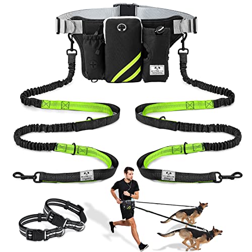 Retractable Hands Free Dog Leash with Dual Bungees for 2 Dogs (Green/Black)
