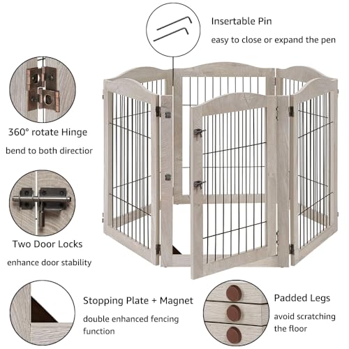132" Extra Wide Dog Gate and Pet Playpen with Walk Through Door (Weathered Grey / 132"W×31.5"H)