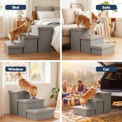 3 Step Wide Dog Stairs 18" H with Removable Cover (Covered Grey / 30"D x 17"W x 17.7"H)