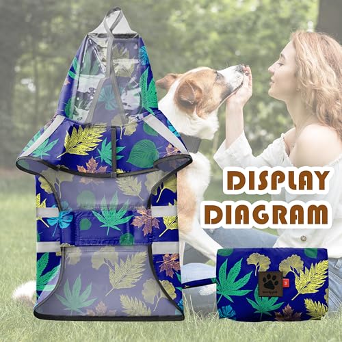 Dog Raincoat Adjustable Rain Jacket with Hooded Double Layer for Large Medium Small Dogs Puppies (Leaf Blue / XX-Large)