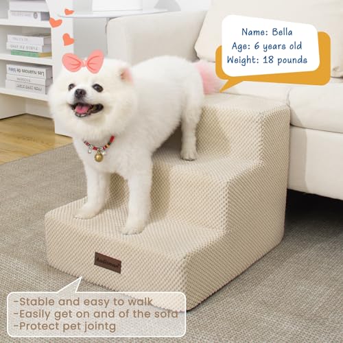 Dog Stairs for Small Dogs & Cats (Beige / 3-Step 13.6" H)