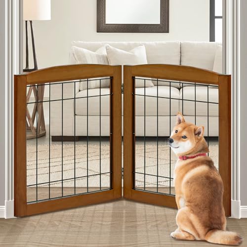 2 Panel Freestanding Foldable Wood Dog Gate (24"Height-2 Panel / Oak Cherry)