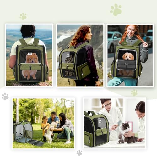 Large Cat Backpack Carrier Expandable Pet Carrier Backpack for Small Dogs Medium Cats Fit Up to 18 Lbs (Dark Green)