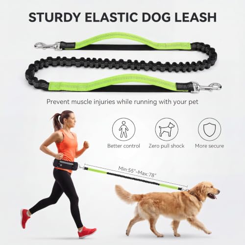 Hands Free Dog Leash 3 Zipper Pounchs with Reflective Strips Poop Bag Dispenser (Green)