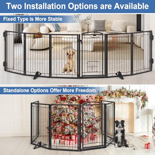 Full Metal Freestanding Dog Gate with Cat Door for Indoor & Outdoor (Black / 【6 Panels with Door】120"W×32"H)