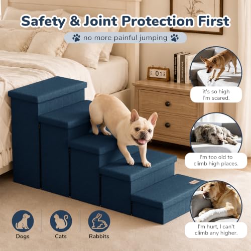 5 Step Wide Dog Stairs with Storage 23" H (Navy Blue / 50"D x 17"W x 23"H)