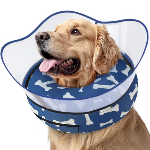 Raised Inflatable Dog Cone Collar to Stop Licking (T Bone Navy / S(Neck 7"-9.5"))