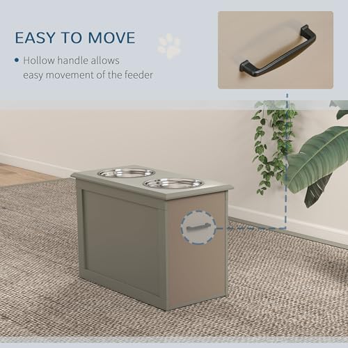 Raised Pet Feeding Storage Station with 2 Stainless Steel Bowls Base for Large Dogs and Other Large Pets (Gray)