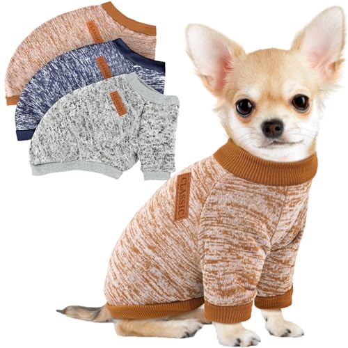 3 Pack Dog Sweaters for Small Dogs Girl Boy Winter Fleece Clothes Warm Soft Dog Sweatshirt Outfit for Dogs Cats Pet Apparel (Khaki+Gray+Navy Blue / S (Back: 11.8", Chest: 15.7", 5.5-10 lbs))