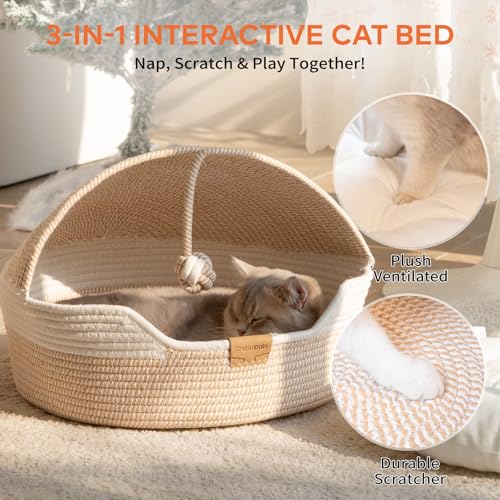 Cat Basket Bed with Washable Cushion and Ball Rope Cotton (White)