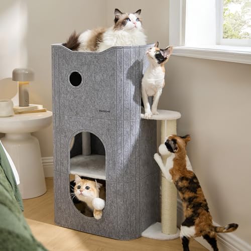 3 Level Cat Tree for Indoor Cats with Scratching Post (Grey / 3-Level)