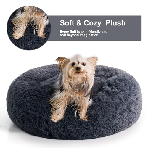 Large Round Calming Dog Bed Cat Bed for Comfy Sleep (45"L x 45"W x10"Th / Navy Grey)