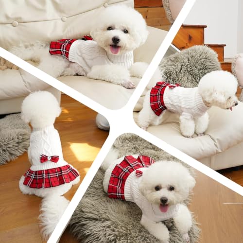 Small Dog Sweater Dress with Bowtie Turtleneck (Large (14-21lbs) / White)