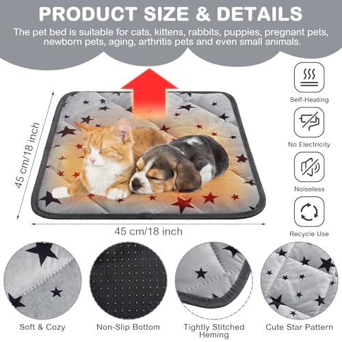 4 Pack Self Warming Cat Bed Self Heating Cat Mat Star Pattern Soft Dog Crate Pad Thermal Pet Mat Anti Slip Kennel Dog Washable Warming Bed for Outdoor Indoor (18 x 18 Inch / Gray)