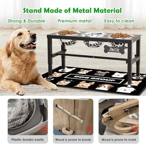 Metal Elevated Dog Bowls Stand for Large Dogs with Mat & Three 58oz Food Water Bowls (Black-1.7L-Three)
