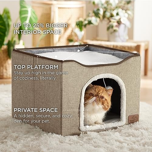 Cat House Bed for Indoor Cats with Fluffy Ball and Scratch Pad (Brown / Single)