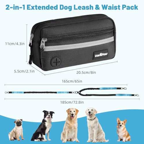 Hands Free Dog Leash for 2 Dogs with Pouch (Black/Blue / 2 Leashes)