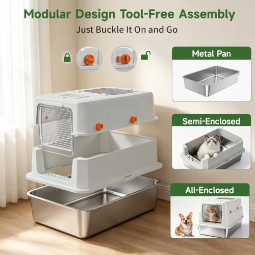XL Enclosed Stainless Steel Litter Box with Lid (Light Grey)