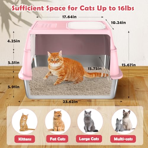 XL Stainless Steel Cat Litter Box with Lid (Pink)