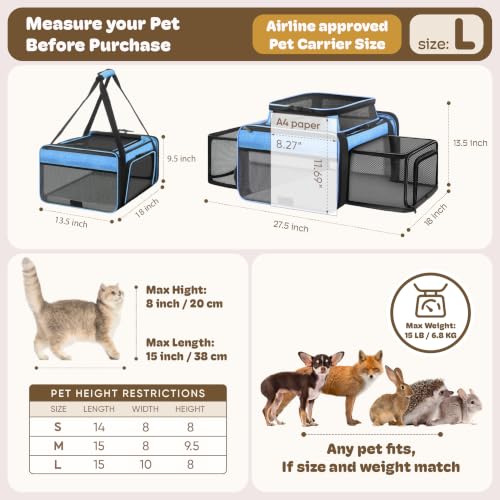 Top and 2 Sides Expandable Cat Carrier 18x13.5x9.5 TSA Airline Approved (Blue / 18.0"L x 13.5"W x 9.5"H)