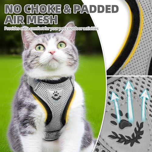 Cat Harness and Leash Set Escape Proof Reflective Cat Walking Harness Adjustable Soft Breathable Mesh Vest for Small Pets (M (NECK 11"-13.7", CHEST 16"-20") / Grey)