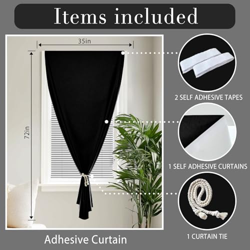 100% Blackout Self Adhesive Curtains Portable Blackout Curtain Simple and Easy to install Bedroom Window Thermal Lnsulated Kitchen Room Darkening Black Small Drapes (34"W x 72"L (Pack of 1) / Black)