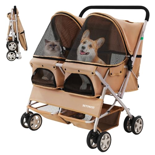 Double Pet Stroller for 2 Small Dogs & Cats (Khaki)