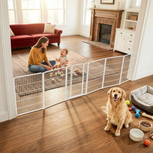 Dog Gate Extra Wide Adjustable for Openings Up to 165" (White / Up to 165" W【5 Panels + 1 Door】 / 40"H)