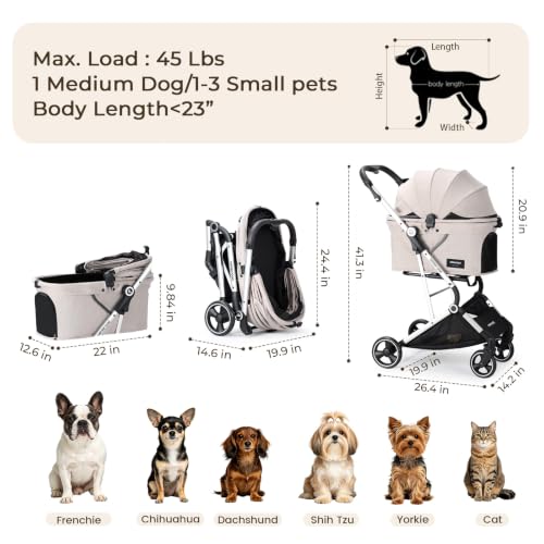 Beberoad T4 Pet Stroller for Small Medium Dogs & 2 Cats Foldable (Beige)