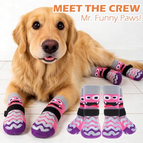 Dog Socks to Prevent Licking Paws with Grippers for Hardwood Floors Anti Slip (Medium / Pink)