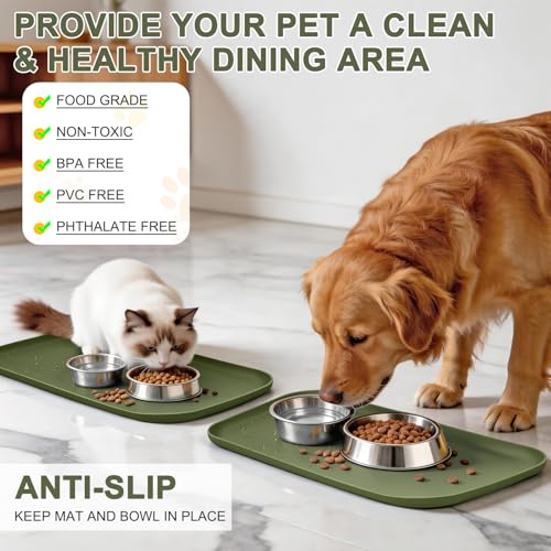 Waterproof Silicone Pet Food Mat with Raised Edge for Dog & Cat (19"L x 12"W / Light Olive Green)