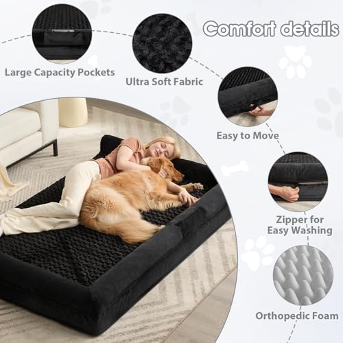 Orthopedic Washable Human Dog Bed for Adult & Dog Cozy Sleep (61"l x 43"w x 7"th / Black)