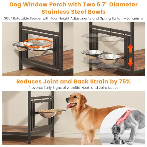 Dog Window Perch with 360° & Adjustable Raised Feeder (Brown)
