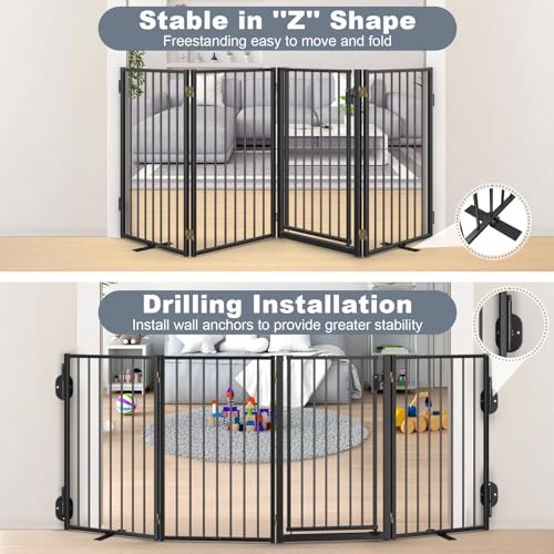 Metal Freestanding Dog Gates with Door for Outdoor Indoor (Black / 【2 Panels】 32''H*40''W)