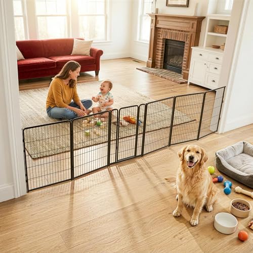 Dog Gate Extra Wide Adjustable for Openings Up to 165" (Black / Up to 165" W【5 Panels + 1 Door】 / 40"H)