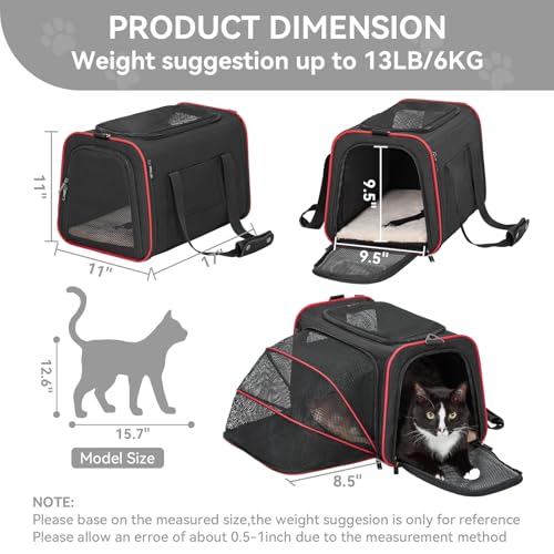 Medium Expandable Cat Carrier for Air Travel (17"L x 11"W x 11"H / Black)