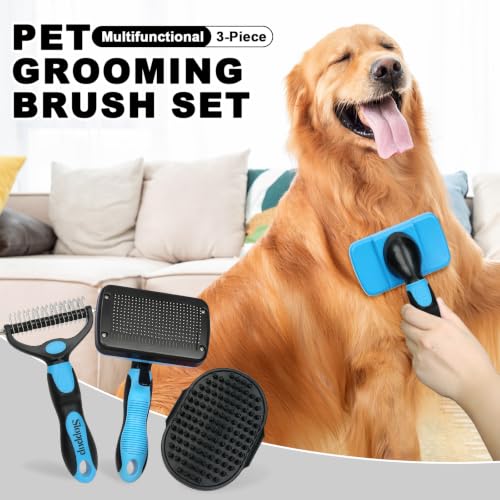 Blue Pet Grooming Kit 3Pcs Dematting Comb for Dogs&Cats Shedding (Blue)