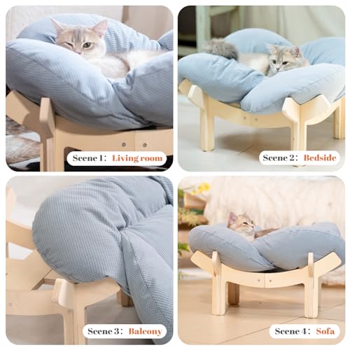 Elevated Cat Bed for Indoor Cats Couch Sofa Flower (Light Blue)