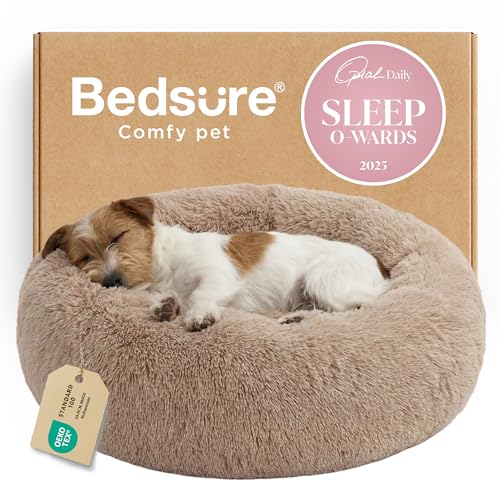 Calming Small Medium Dog Bed Donut Washable Puppy Bed (27"L x 27"W x 8"Th / Camel)
