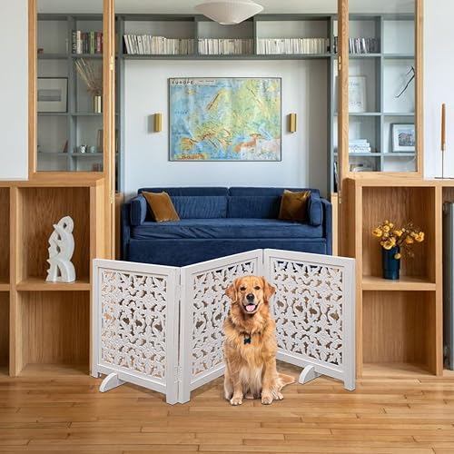 Freestanding Pet Gate for Dogs (White Antique / 54x22.5" 3 Panel Flower)