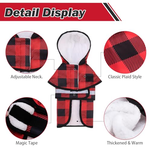 Winter Dog Raincoat Hooded Slicker Poncho with Leash Hole (S:10-15lbs / Red&Black(Thick Fleece))