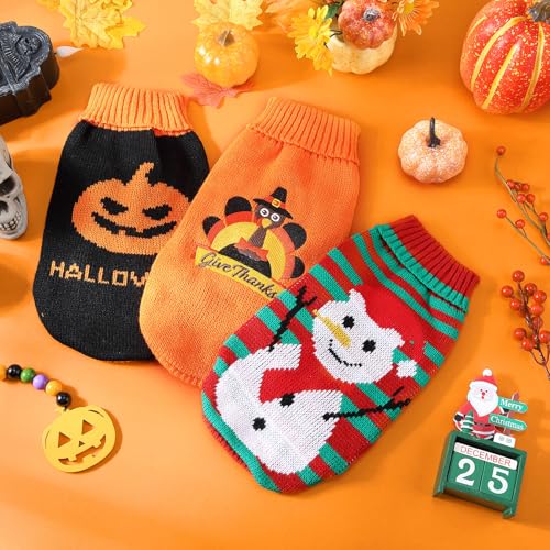3 Pack Halloween Thanksgiving Christmas Dog Cat Sweaters Sets Dogs Fall Clothes Pumpkin Turkey Snowman Dog Cat Knit Sweaters Pets Costumes for Holiday Dogs Cats Pets (Medium)