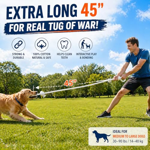 Cotton Dog Rope Toy with Dual Handles 45" Extra Long Tug Toy for Medium to Large Dogs (Interactive Play)
