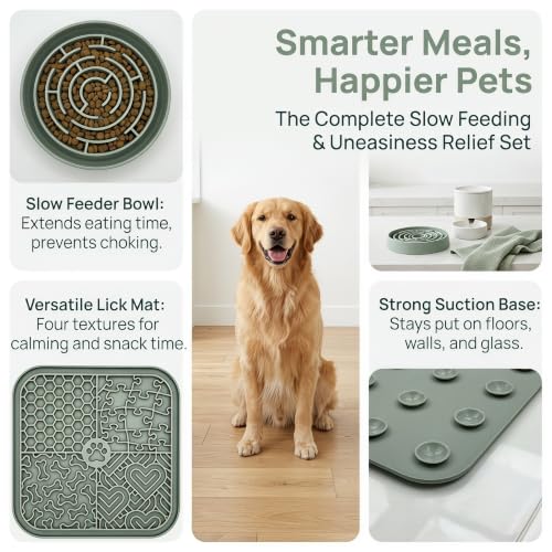 Dog Cat Lick Mat and Slow Feeder Bowl Set (Green+Blue)
