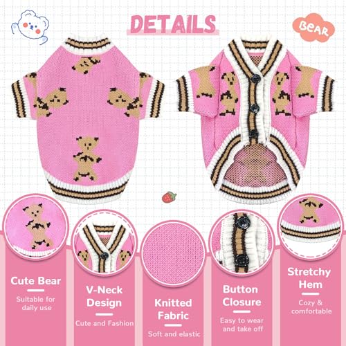 Small Dog Sweaters Cute Bear Dog Cardigans Clothes for Small Medium Dogs Boy Girl Puppy Cat Knitting Cardigan Outfits Dogs Winter Coats Warm Pet Doggy Clothes Soft Knitwear (Pink / Small)